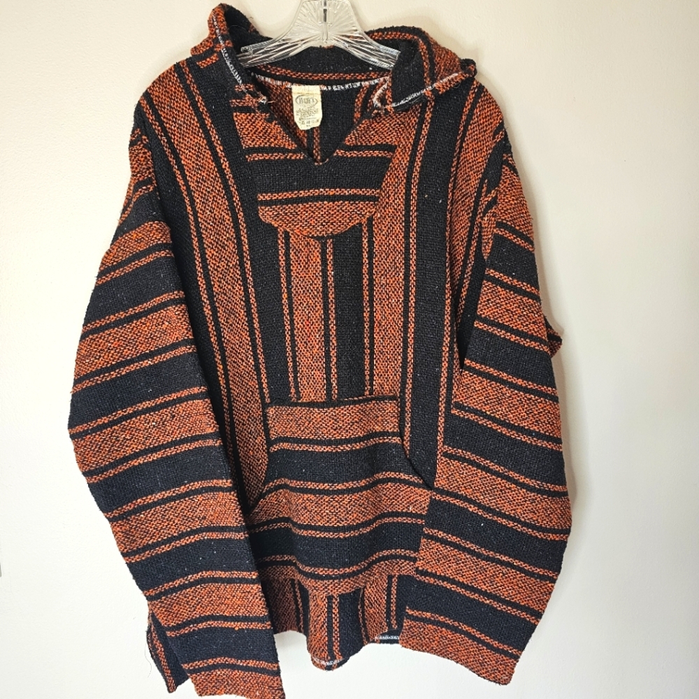 Vintage 90's Mexican Baja Jacket Hoodie Poncho Pullover Sz XL Black & Orange Y2k